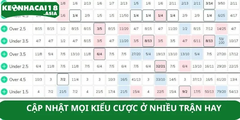 Cập nhật mọi kiểu cược ở nhiều trận hay